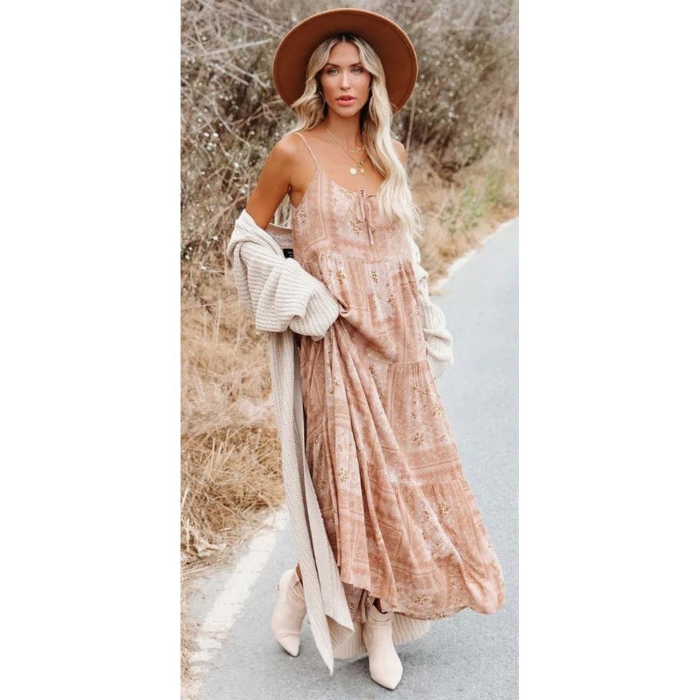 VICI Half Moon Printed Tiered Maxi Dress Patchwork Crepe Drapey Boho Rust XS